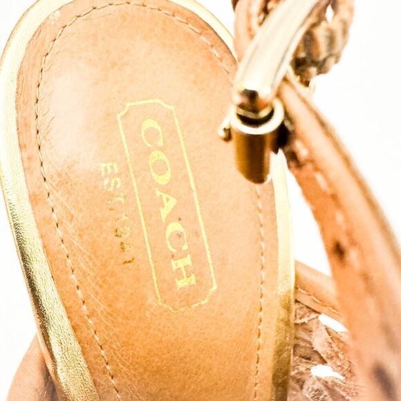 Coach Leela Brown Woven Basketweave Metallic Heeled Open Toe Sandal 7.5 - Picture 5 of 7